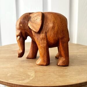 Solid Wood Hand Made Carved Trunk Down Walking Standing Elephant Figure Vintage